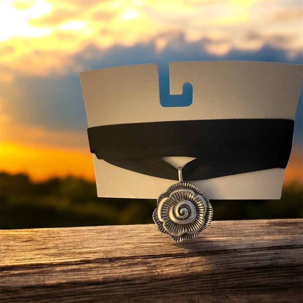 Black Ribbon Necklace with Silver Swirl Pendant